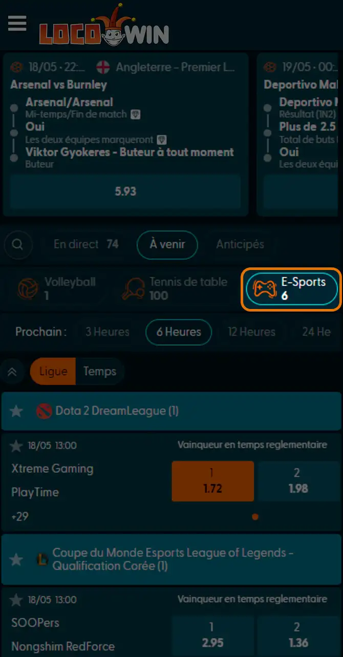 Ouvrez la section esports de Locowin.