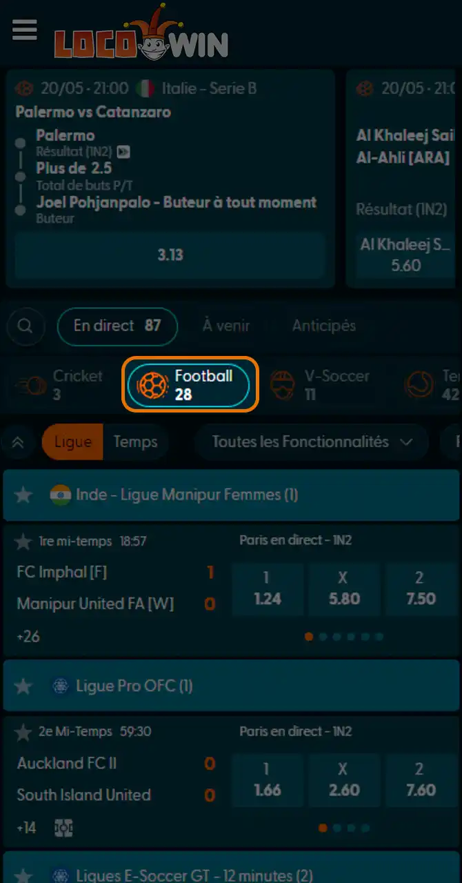 Accédez à la section football Locowin.